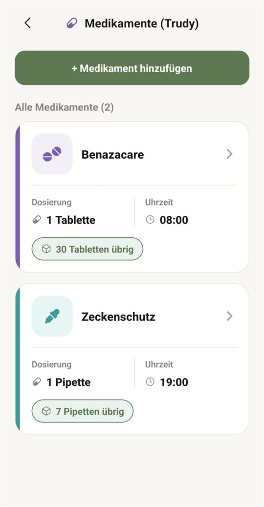 Medikamentenliste mit Dosierung, Uhrzeit und Vorrat