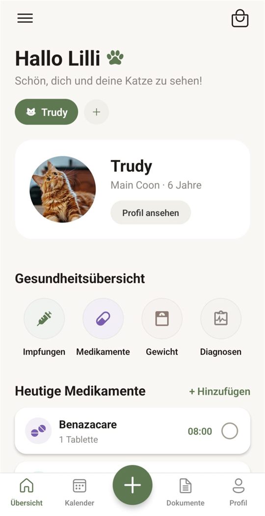 Startseite mit Haustierprofil und Gesundheitsübersicht